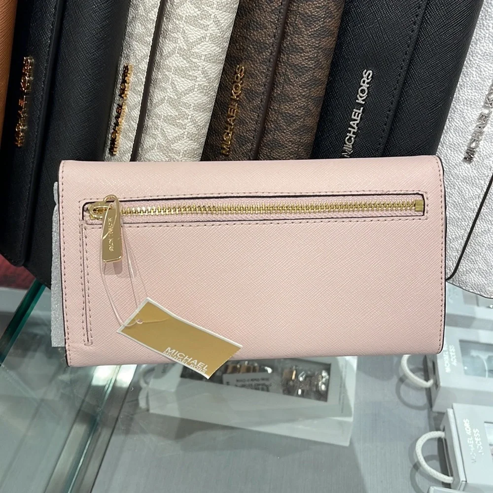 MICHAEL KORS JET SET TRAVEL LARGE TRIFOLD WALLET POWDER BLUSH COLOR